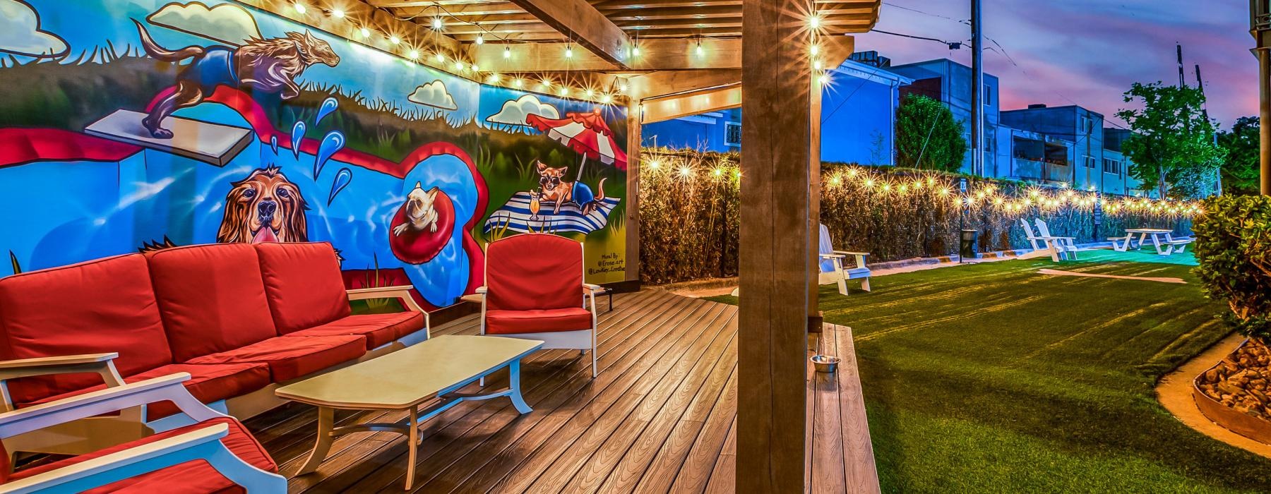 a wooden deck with a mural
