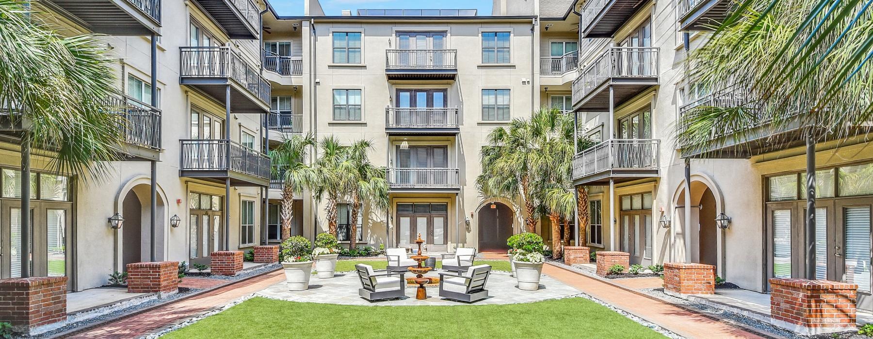 a courtyard between buildings